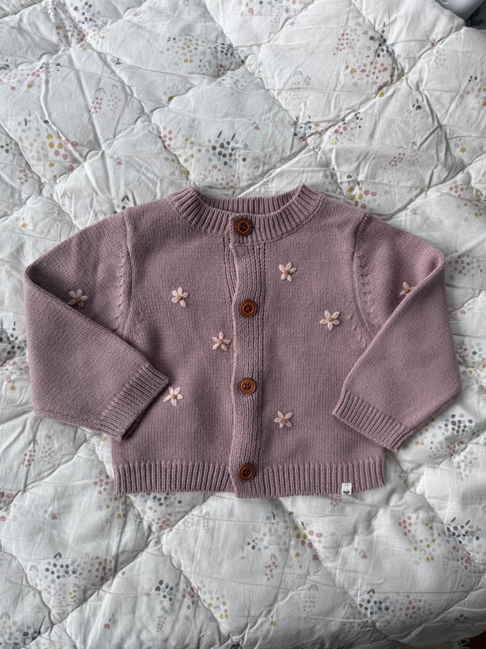 Oh Baby! Mauve Knit Baby Cardigan with Embroidered Flowers Size 1-2 year